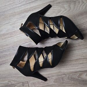 Liz Claiborne Cooper Black Fabric Cut Out Open Toe Zip Back Heels Women's 8W New